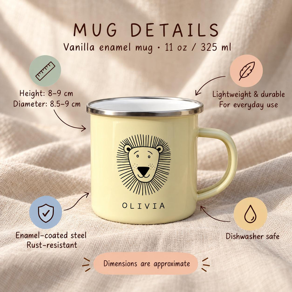 A vanilla enamel mug with a black line drawing of a lion face and the name OLIVIA printed below. The mug has a silver rim, a capacity of 325 ml, and dimensions of 8-9 cm in height and 8.5-9 cm in diameter. Text includes MUG DETAILS.