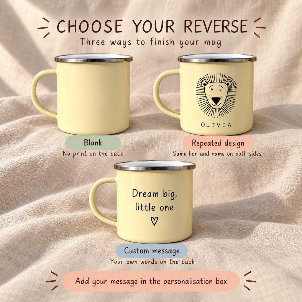 Three pale yellow enamel mugs with silver rims. The top left mug is blank. The top right mug features a black line drawing of a lion and the name OLIVIA. The bottom mug displays the text Dream big, little one and a heart symbol.
