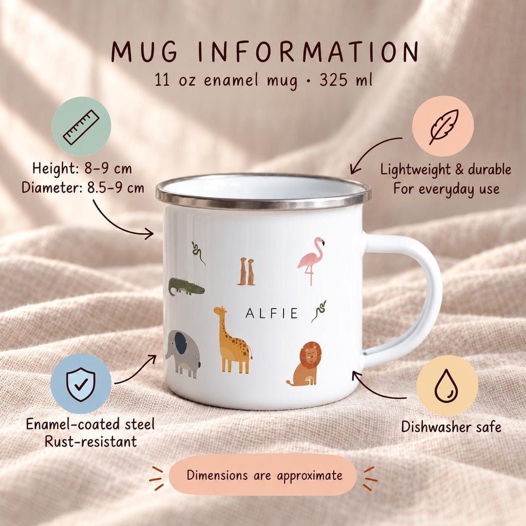 A white 325 ml enamel mug with a silver rim and handle, featuring colourful illustrations of a giraffe, elephant, lion, flamingo, and other animals, with the name ALFIE printed in the centre. Height is 8-9 cm and diameter is 8.5-9 cm.