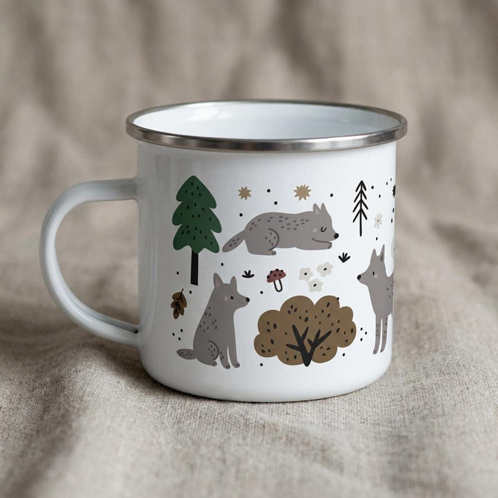 A white enamel mug with a silver rim stands on a textured cloth, showing illustrated grey wolves, trees, and bushes.