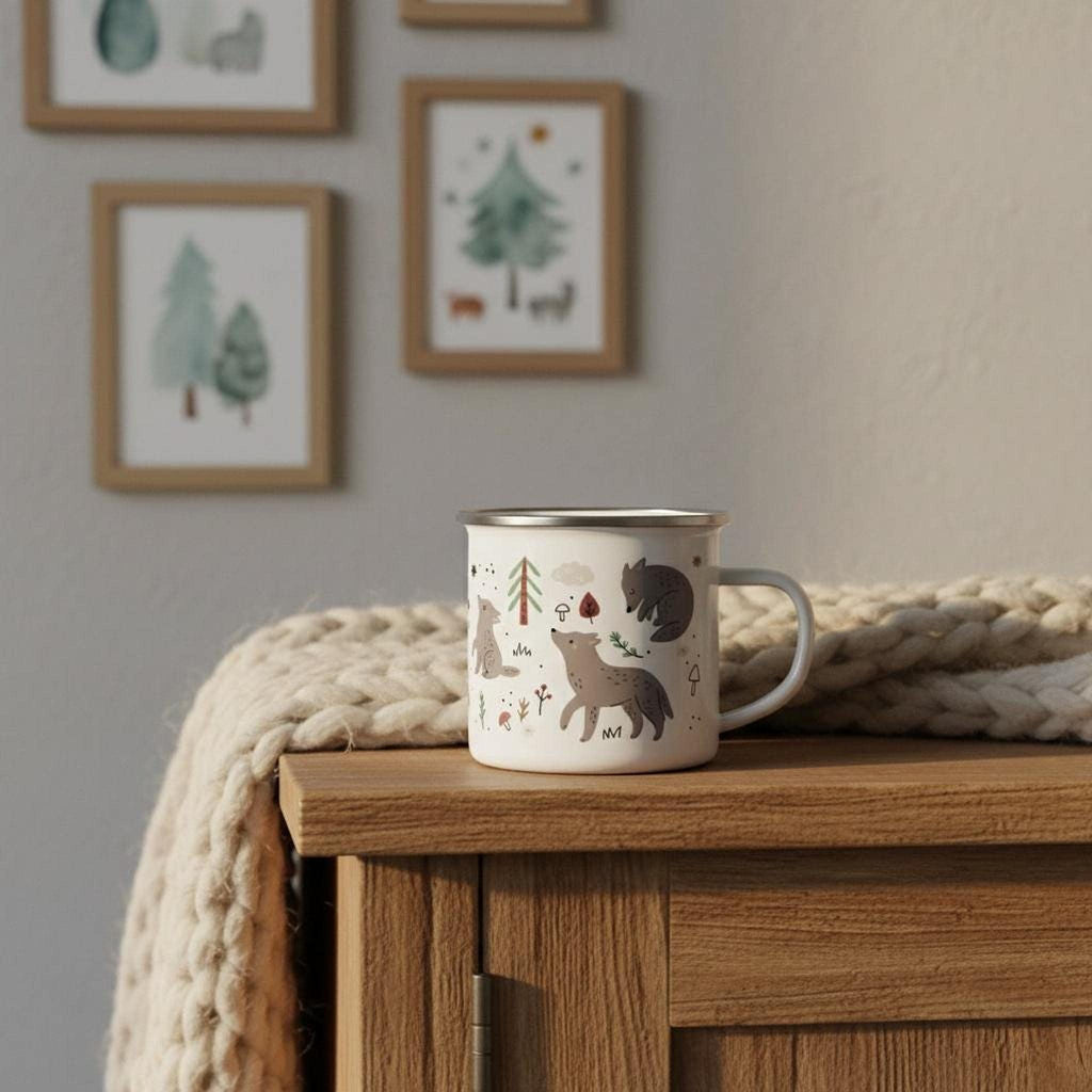 A white enamel mug with a wolf design sits on a wooden cabinet next to a cream-colored knitted throw blanket.