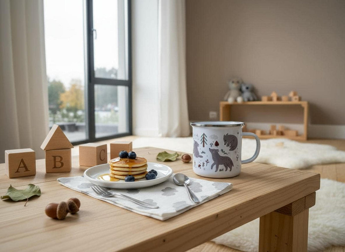 A wooden table holds a plate of pancakes with blueberries and syrup, a white wolf mug, alphabet blocks, and acorns.