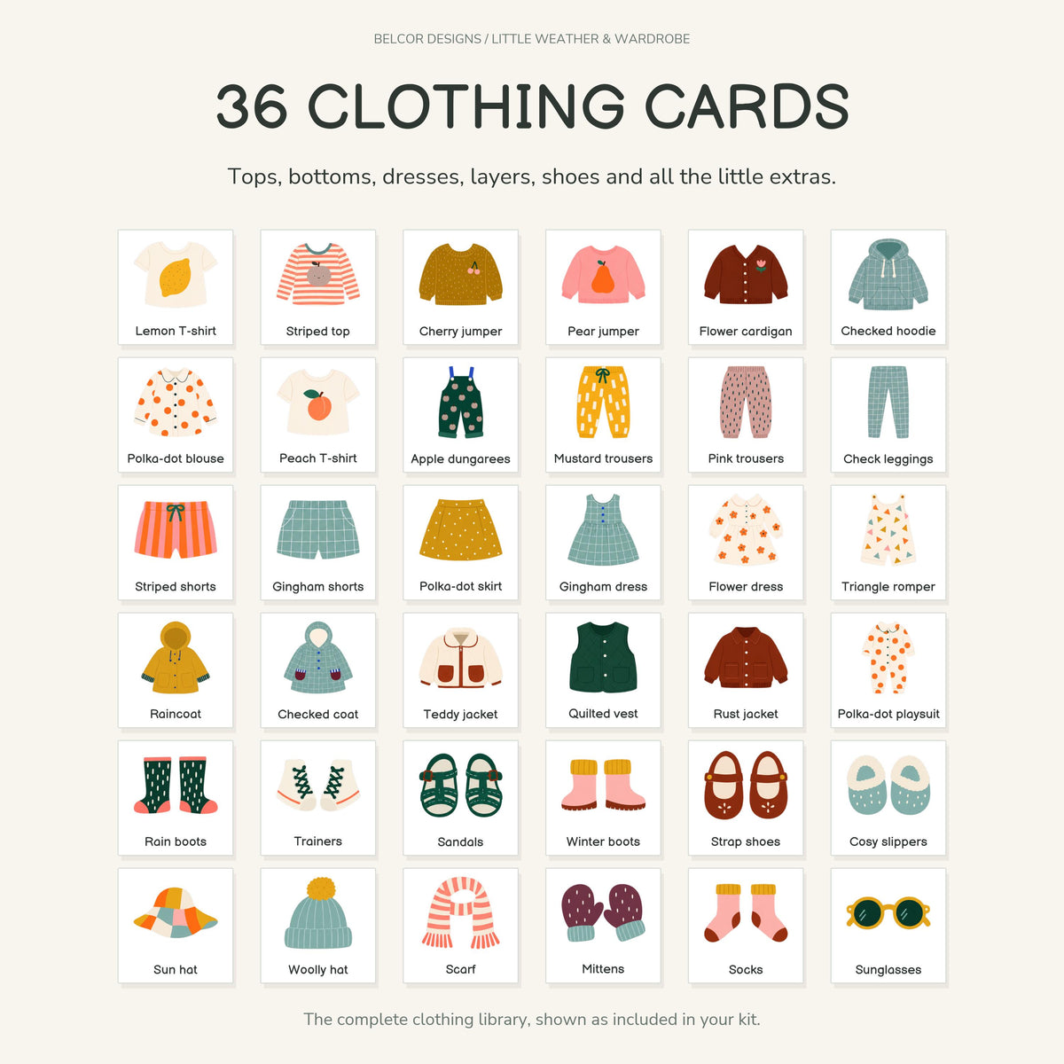 A set of 36 clothing cards titled Belcor Designs Little Weather & Wardrobe, featuring illustrations of tops, bottoms, dresses, layers, shoes, and accessories. Each card displays a specific item like a lemon T-shirt, raincoat, or sunglasses.