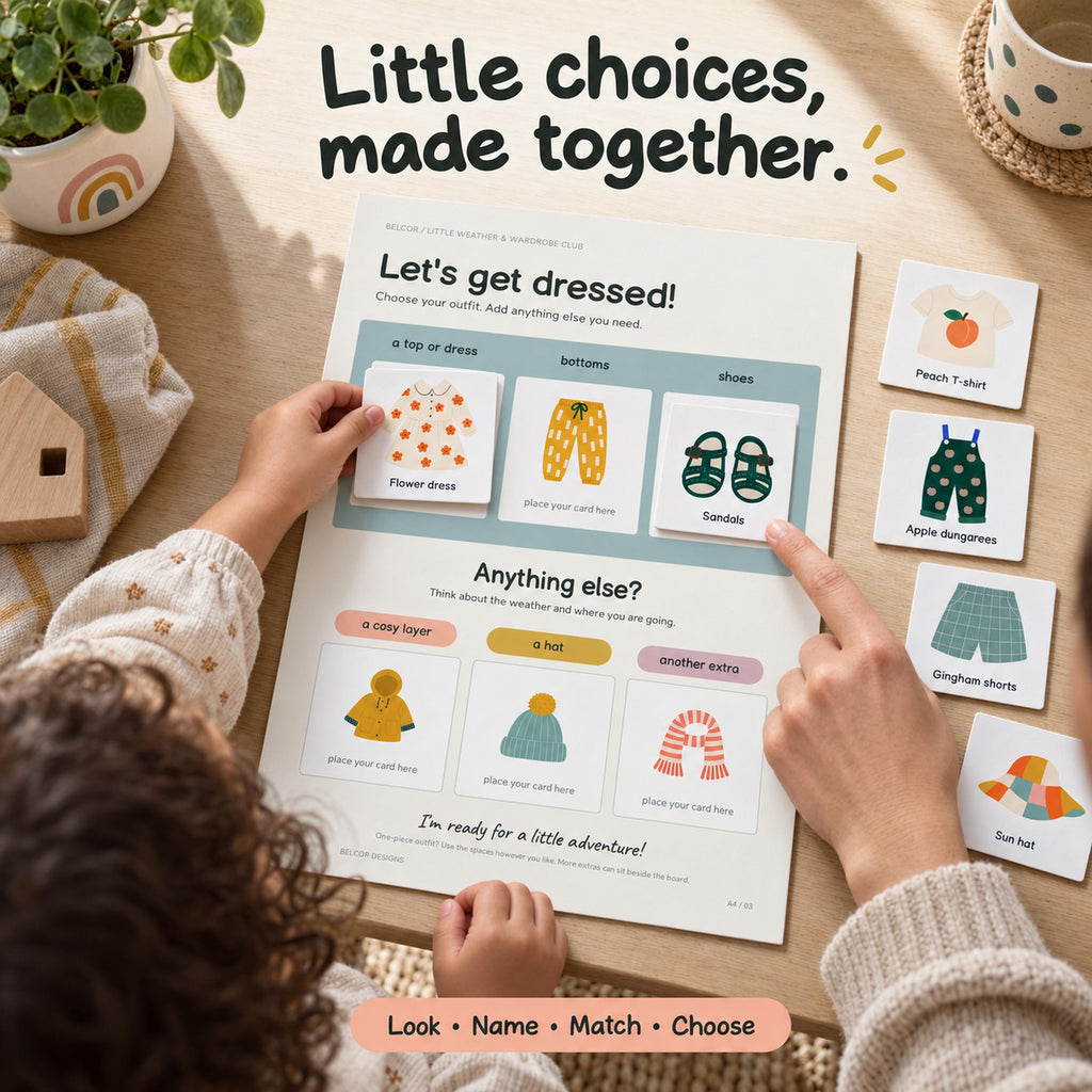 A white educational activity board titled Let's get dressed! with sections for tops, bottoms, shoes, and weather-appropriate layers. The board features illustrated cards for clothing items like a flower dress, sandals, and a peach T-shirt.