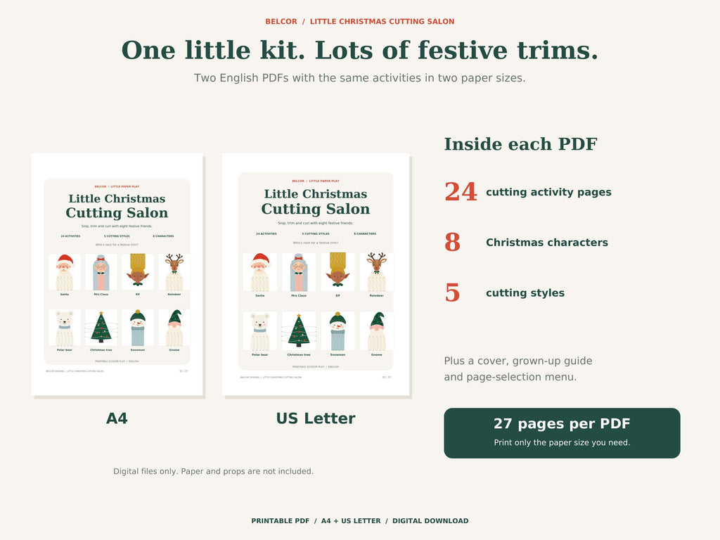 A4 and US Letter PDF covers with a summary of 24 activity pages, eight characters, five cutting styles and 27 pages in each PDF.