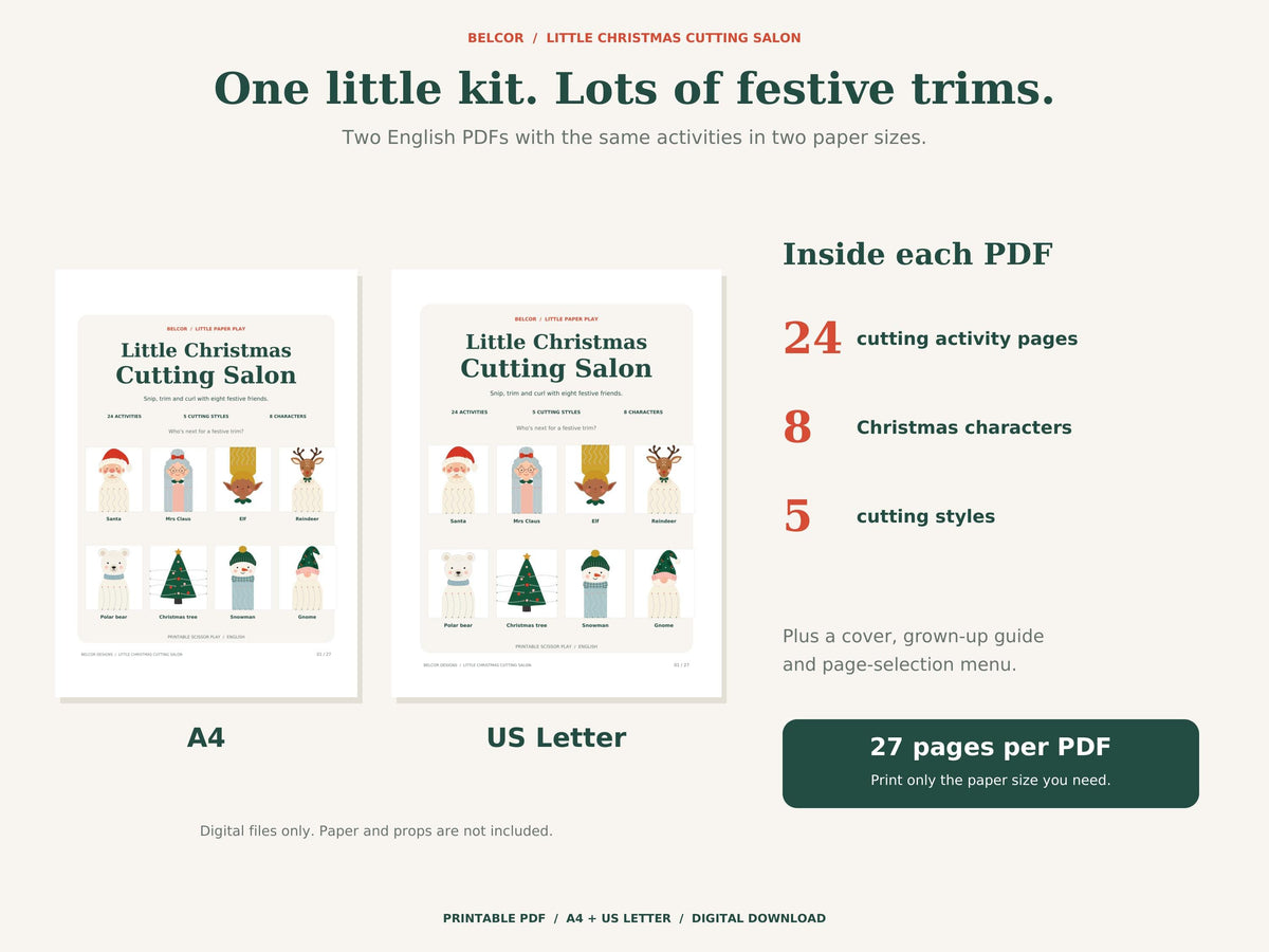 A4 and US Letter PDF covers with a summary of 24 activity pages, eight characters, five cutting styles and 27 pages in each PDF.