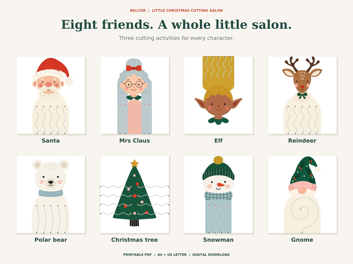 Eight printable cutting characters: Santa, Mrs Claus, elf, reindeer, polar bear, Christmas tree, snowman and gnome.