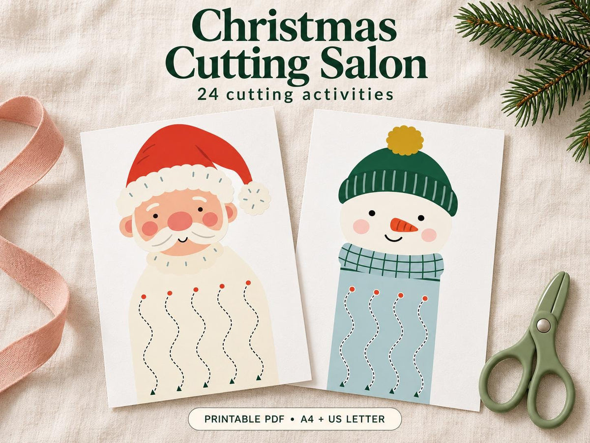 Santa beard and snowman scarf cutting cards on cream linen, with green scissors and text describing 24 Christmas cutting activities in printable PDF format.