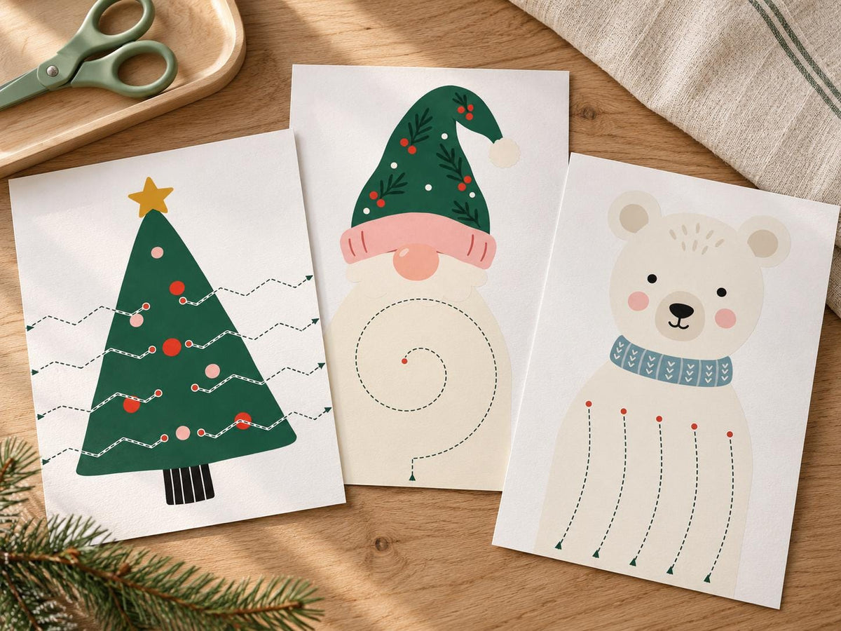 Christmas tree, gnome and polar bear cutting activity cards arranged on a pale wooden craft table.
