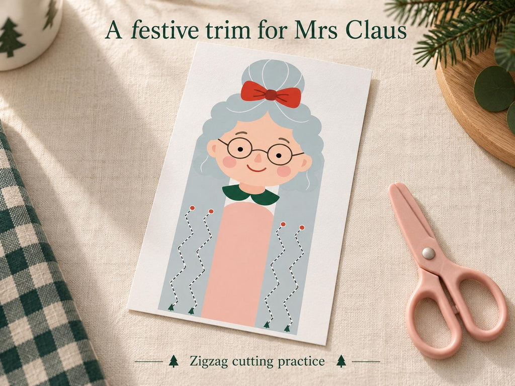 Mrs Claus hair-cutting activity card on cream linen, with four zigzag guides and closed pink scissors beside it.