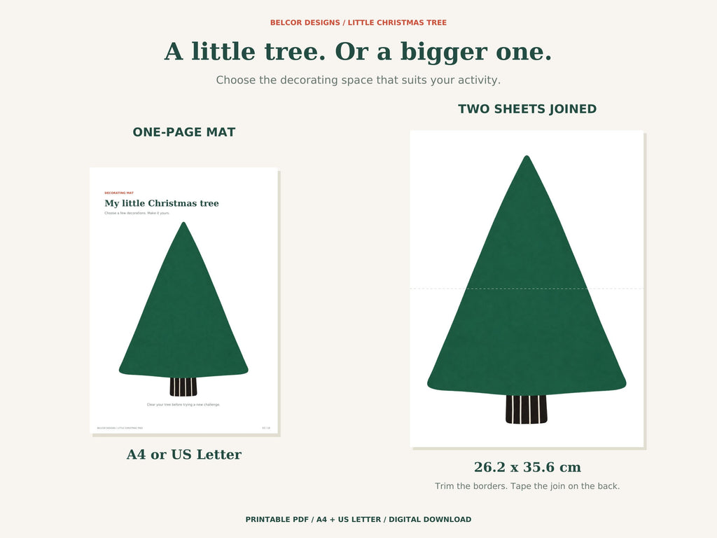 Two included tree mat sizes: a single A4 or US Letter page and a larger tree assembled from two sheets, measuring about 26.2 by 35.6 centimetres.