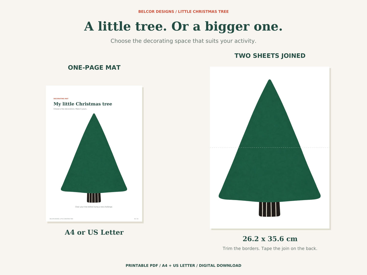 Two included tree mat sizes: a single A4 or US Letter page and a larger tree assembled from two sheets, measuring about 26.2 by 35.6 centimetres.