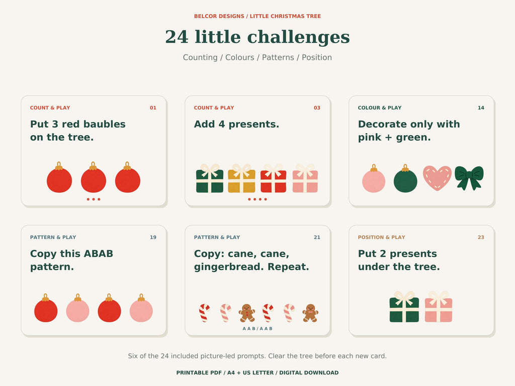 Six examples of the 24 picture challenge cards for counting, colour selection, repeating patterns and positioning decorations.