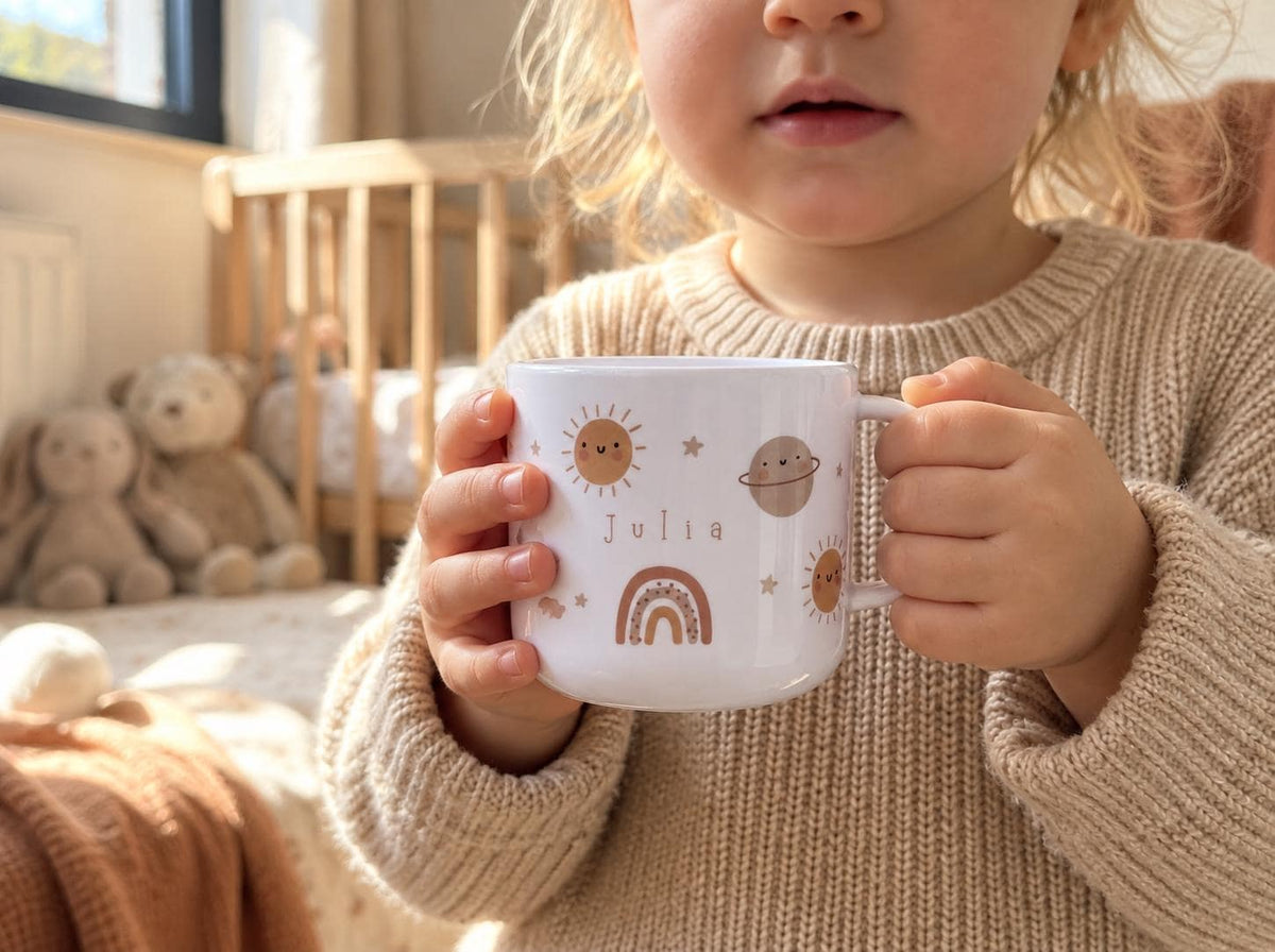 A white cup with a handle featuring a printed design of a smiling sun, a planet, stars, and a rainbow. The name Julia is printed in the centre of the cup in a simple brown font. The cup is held by two hands in front of a child.