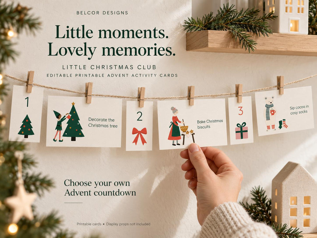 Christmas activity cards and separate number tags hanging from string with wooden pegs in a cosy family home.