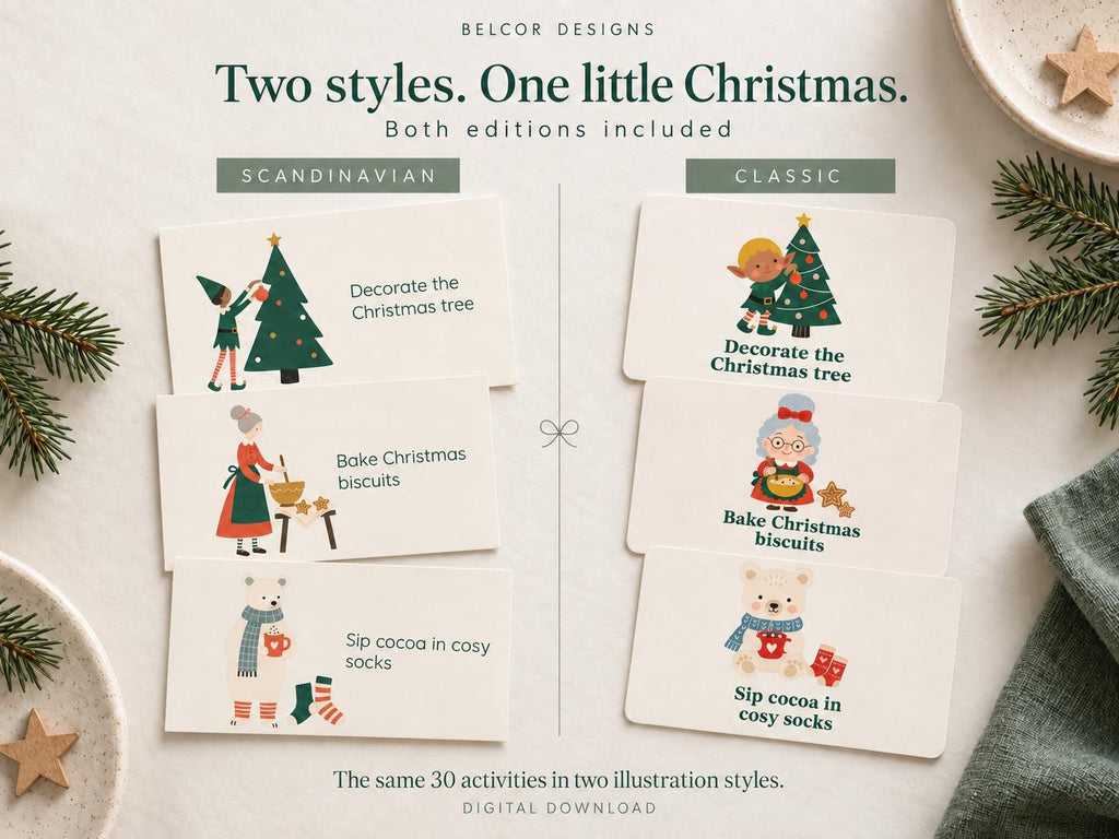 Scandinavian and Classic Christmas activity card editions side by side, showing tree decorating, biscuit baking and cosy cocoa activities.