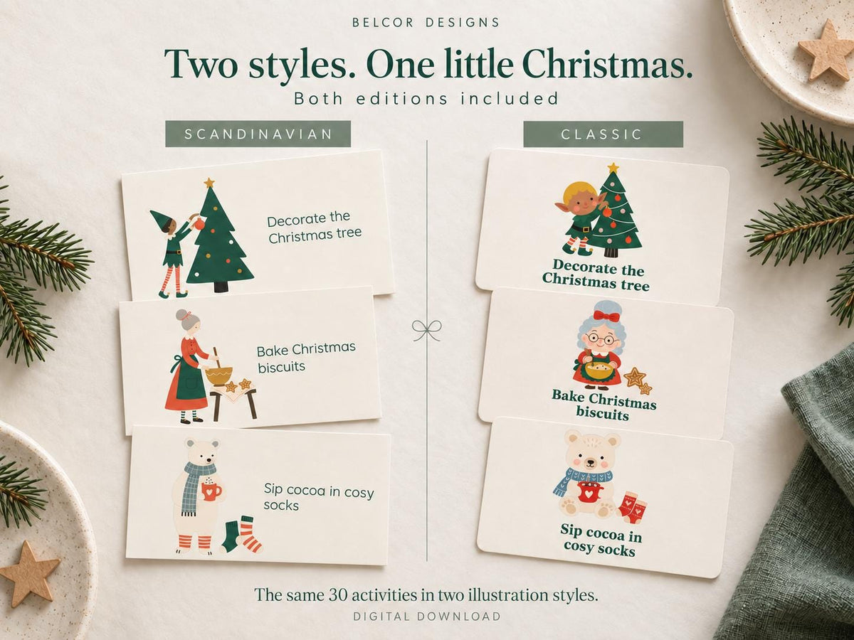 Scandinavian and Classic Christmas activity card editions side by side, showing tree decorating, biscuit baking and cosy cocoa activities.