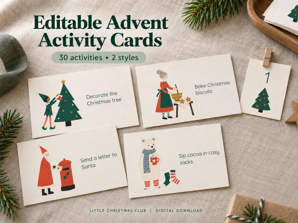Editable Advent activity cards with Scandinavian Christmas illustrations on cream cardstock, styled on linen with a separate number tag.