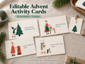 Editable Advent activity cards with Scandinavian Christmas illustrations on cream cardstock, styled on linen with a separate number tag.
