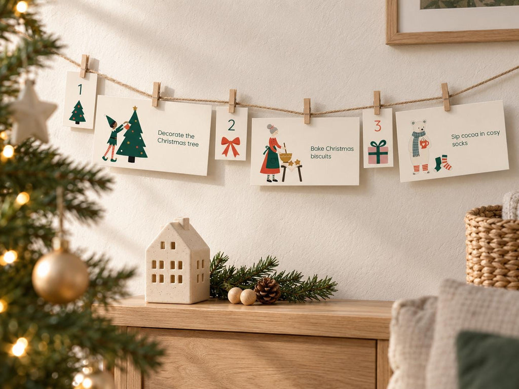 A Christmas advent calendar set featuring numbered cards clipped to a jute twine string. The cards display festive illustrations and text including Decorate the Christmas tree, Bake Christmas biscuits, and Sip cocoa in cosy socks.