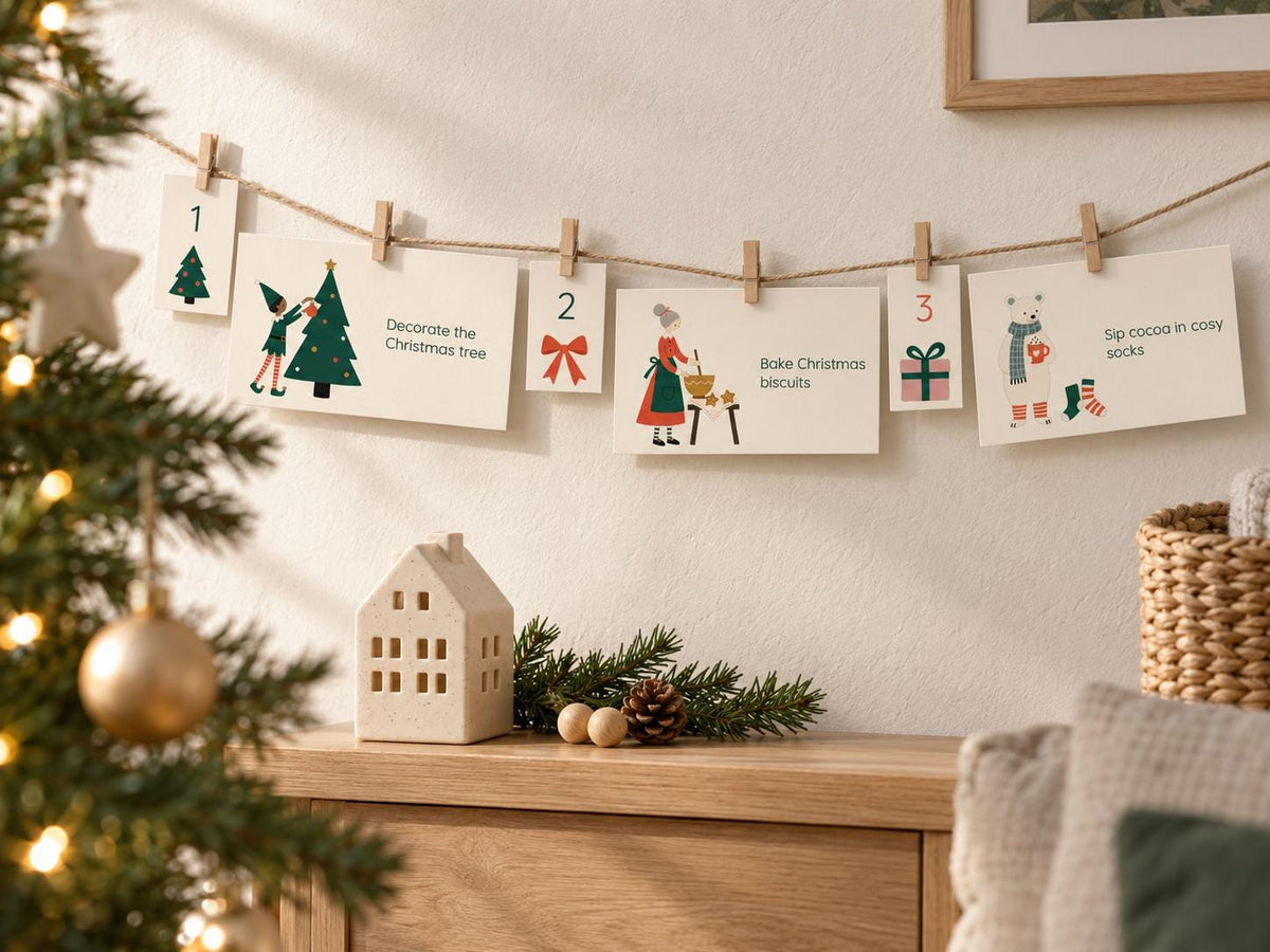 A Christmas advent calendar set featuring numbered cards clipped to a jute twine string. The cards display festive illustrations and text including Decorate the Christmas tree, Bake Christmas biscuits, and Sip cocoa in cosy socks.