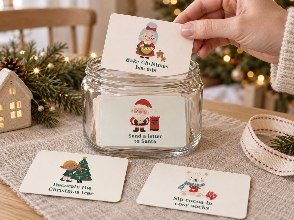 A clear glass jar filled with rectangular white cards featuring colourful Christmas-themed illustrations and text. The cards display phrases such as Bake Christmas biscuits, Send a letter to Santa, Decorate the Christmas tree, and Sip cocoa in cosy socks.