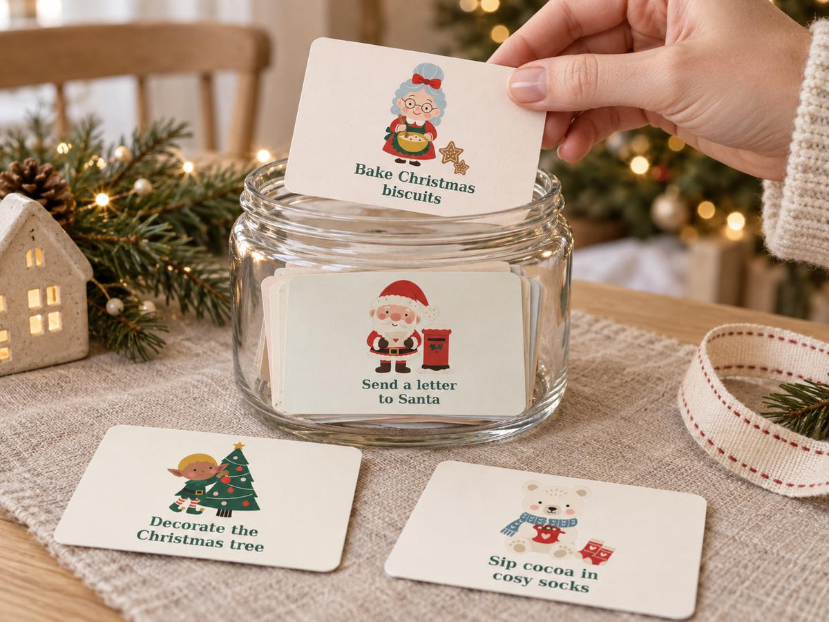 A clear glass jar filled with rectangular white cards featuring colourful Christmas-themed illustrations and text. The cards display phrases such as Bake Christmas biscuits, Send a letter to Santa, Decorate the Christmas tree, and Sip cocoa in cosy socks.