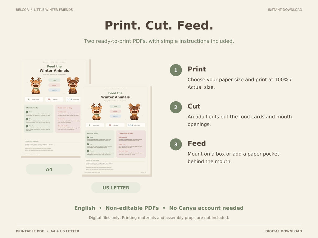 A4 and US Letter PDF previews with three preparation steps: print at actual size, adult cutting, and mount the animal over a box opening or add a paper pocket.