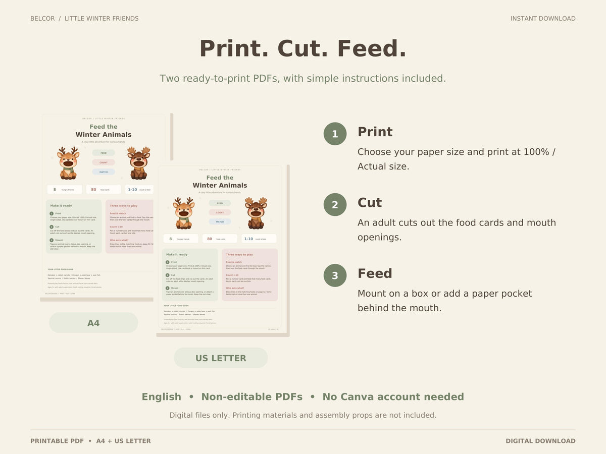 A4 and US Letter PDF previews with three preparation steps: print at actual size, adult cutting, and mount the animal over a box opening or add a paper pocket.