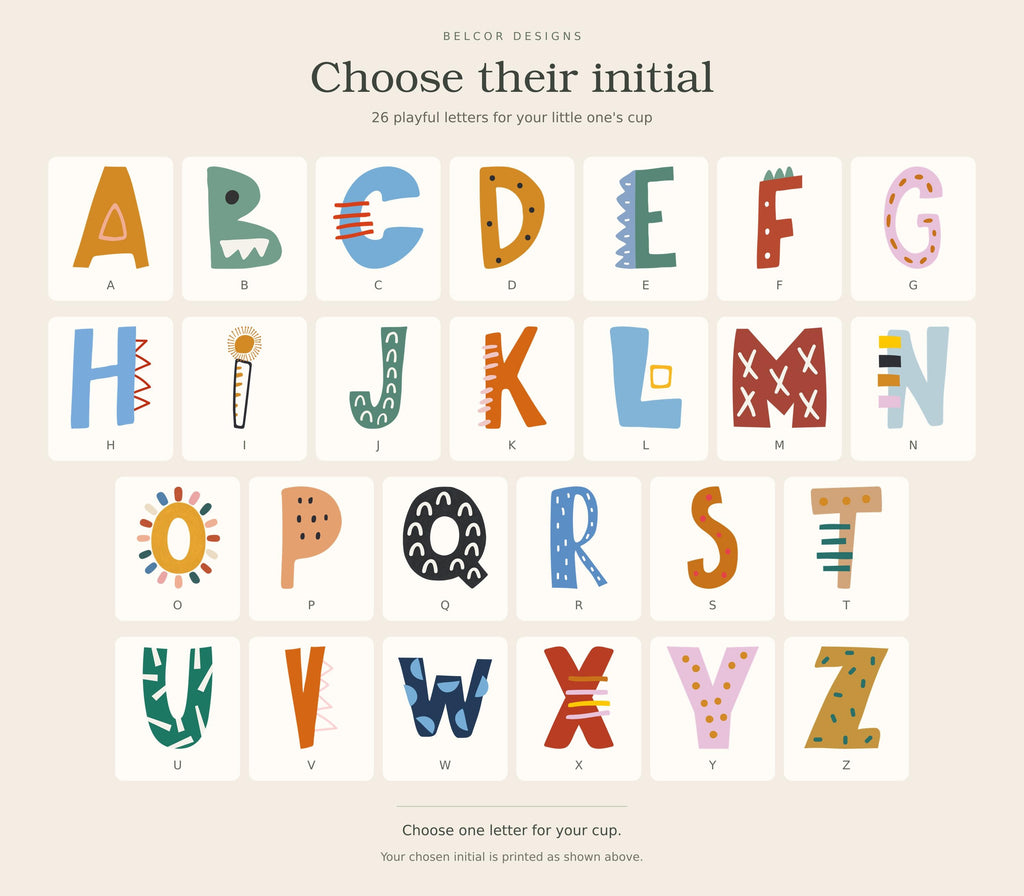 A to Z alphabet initial chart showing all 26 colourful letter designs available for the personalised kids cup.