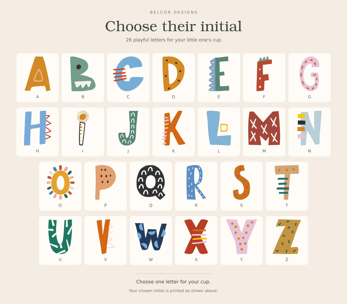A to Z alphabet initial chart showing all 26 colourful letter designs available for the personalised kids cup.