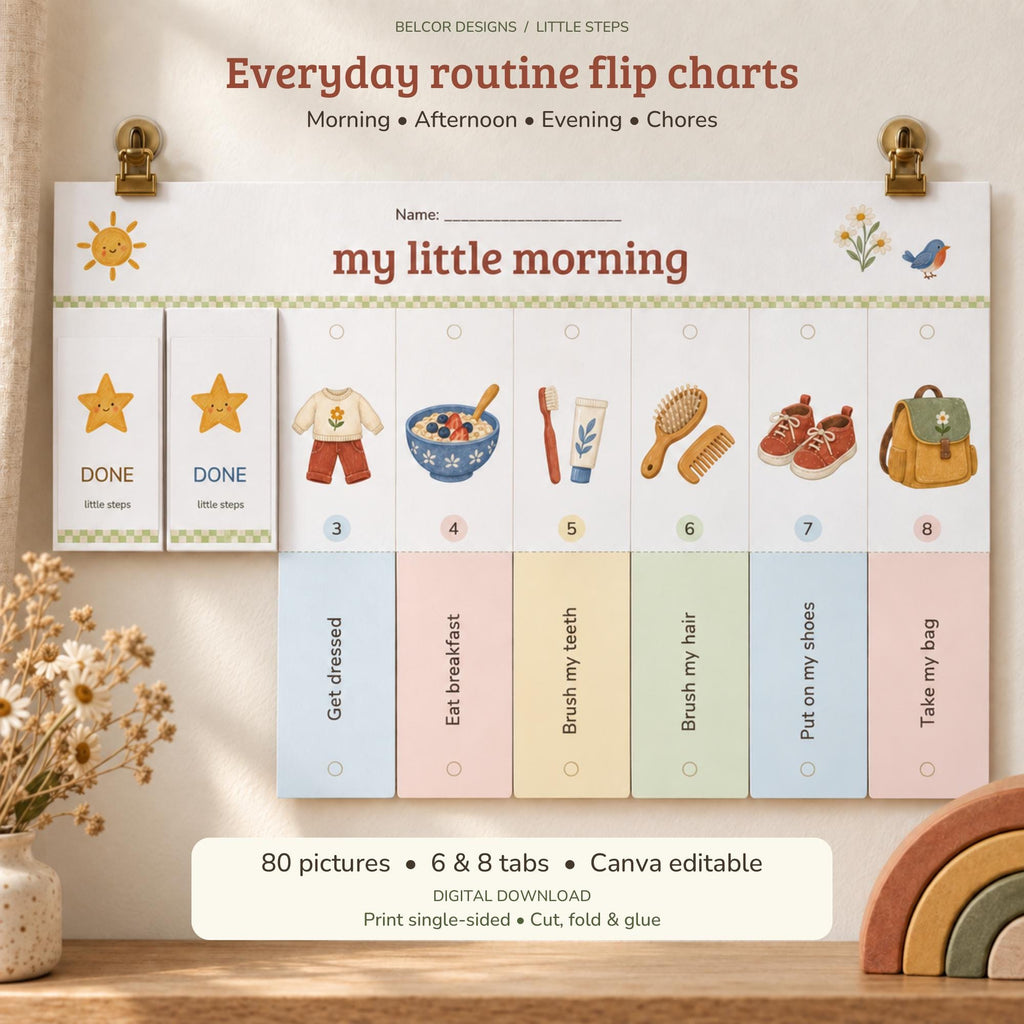 A printable children's routine chart titled my little morning with eight colorful pastel columns and corresponding watercolor icons.