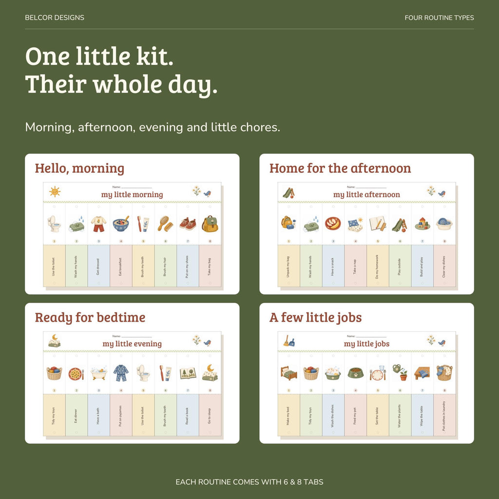 Four preview rectangles show morning, afternoon, evening, and chores child routine charts on a dark green background.