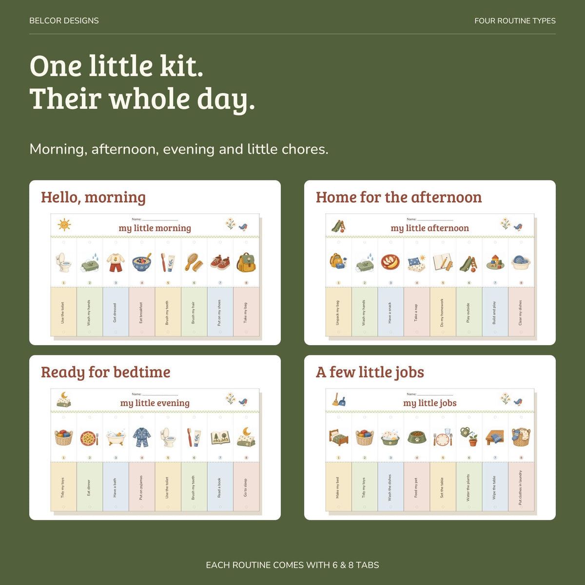 Four preview rectangles show morning, afternoon, evening, and chores child routine charts on a dark green background.