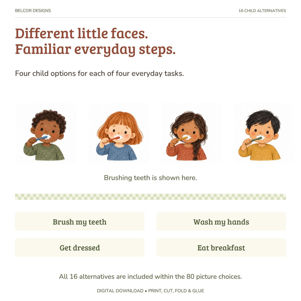 Four diverse child illustrations depict brushing teeth alongside text blocks for daily routine tasks.