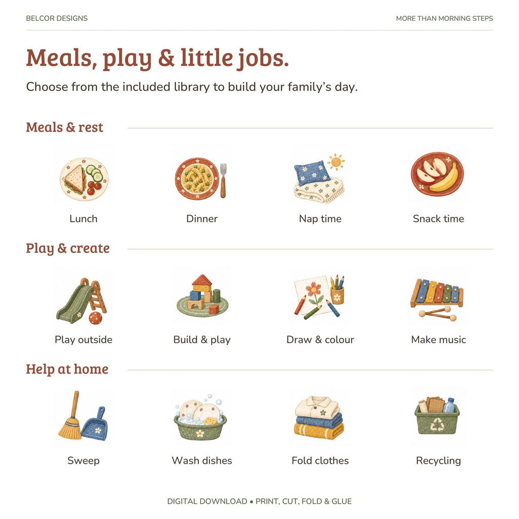 A digital sheet displaying watercolor-style picture cards for meals, play, and chores with captions like lunch, play outside, and sweep.