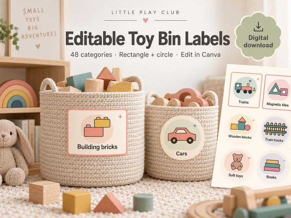 Two beige woven baskets filled with toys and labeled with Building bricks and Cars, shown next to a digital preview sheet.