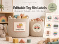 Two beige woven baskets filled with toys and labeled with Building bricks and Cars, shown next to a digital preview sheet.