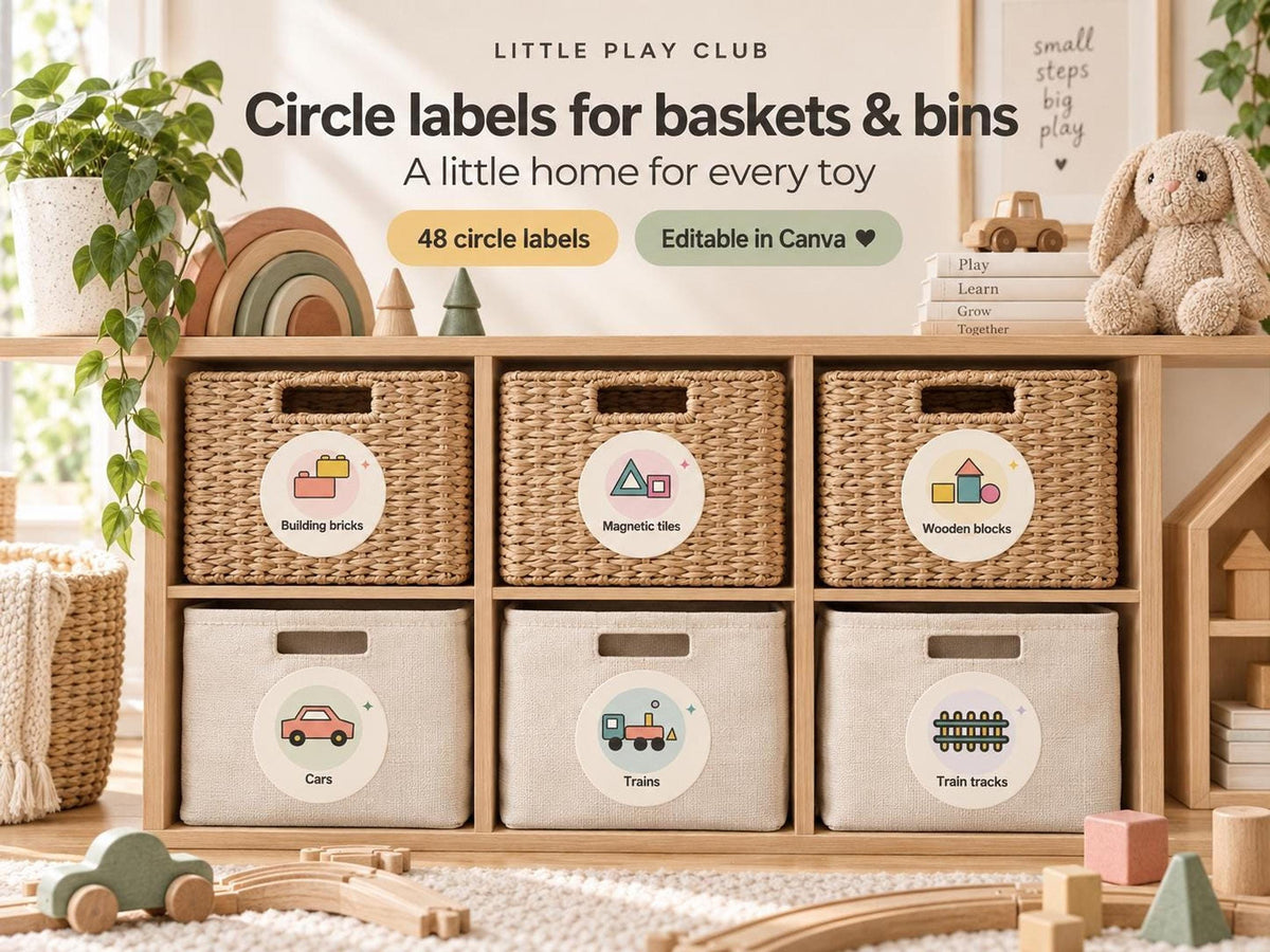 A wooden cube shelf containing woven baskets fitted with round toy category labels.