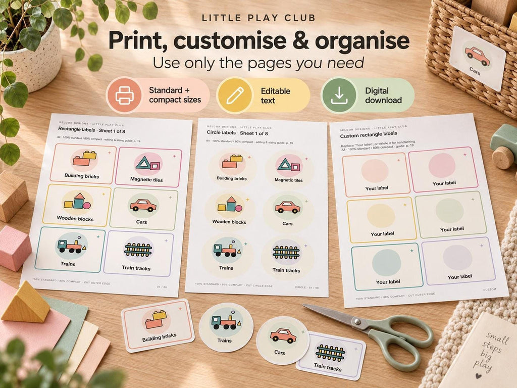 Printable label sheets laid out on a table with scissors, showing rectangle and circle toy labels.