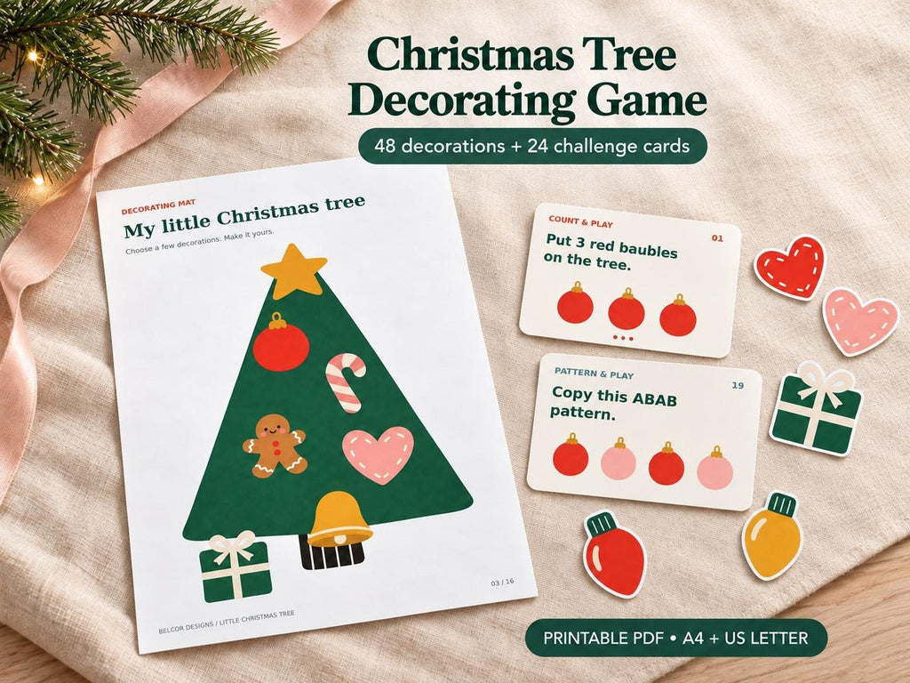 Christmas tree decorating printable displayed on ivory linen with colourful paper ornaments and counting and pattern challenge cards. Includes 48 decorations and 24 cards.