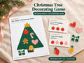 Christmas tree decorating printable displayed on ivory linen with colourful paper ornaments and counting and pattern challenge cards. Includes 48 decorations and 24 cards.
