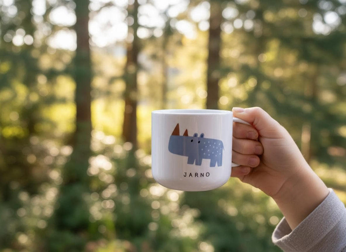 A hand holds a white mug with a blue rhinoceros illustration and the name Jarno, against an out-of-focus background of trees.