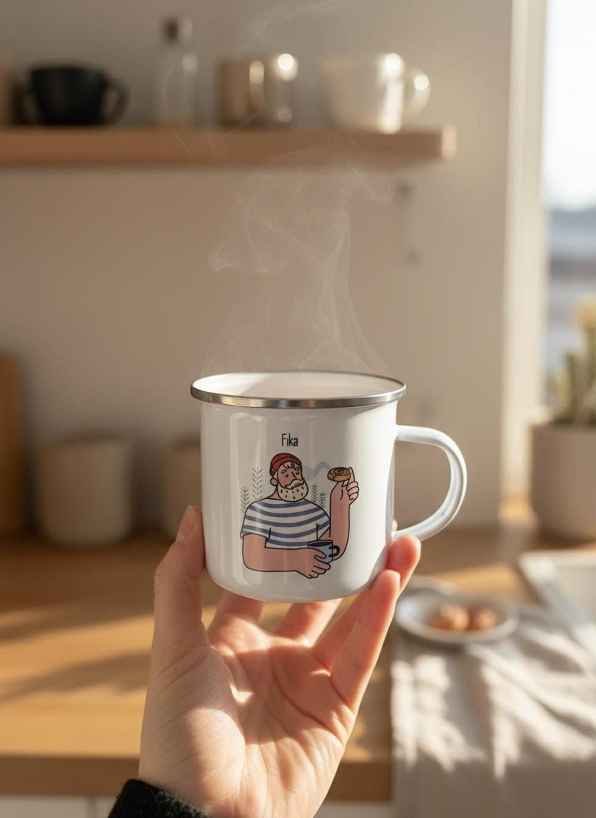 A hand holds a steaming white enamel Fika illustration mug indoors with a blurred kitchen background.