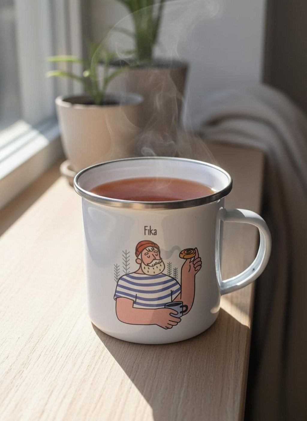 A filled white enamel mug featuring the man and pastry Fika design sits on a wooden windowsill next to a potted plant.