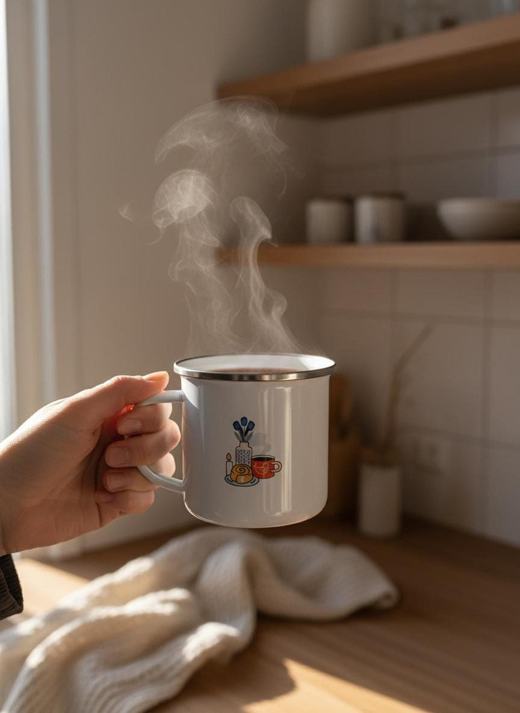 A hand holds a steaming white enamel mug featuring a blue tulip and pastry graphic in a sunlit kitchen.