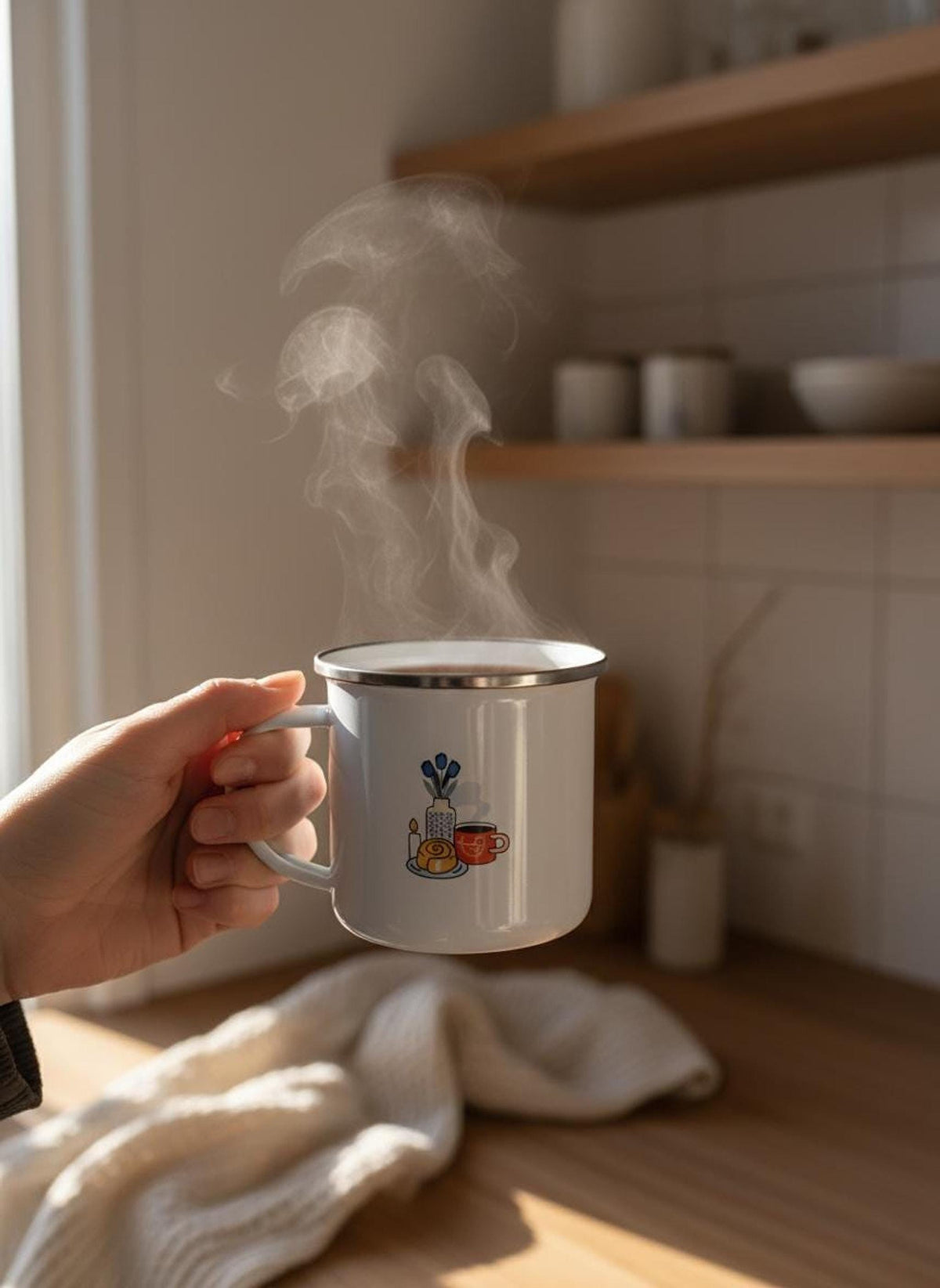 A hand holds a steaming white enamel mug featuring a blue tulip and pastry graphic in a sunlit kitchen.