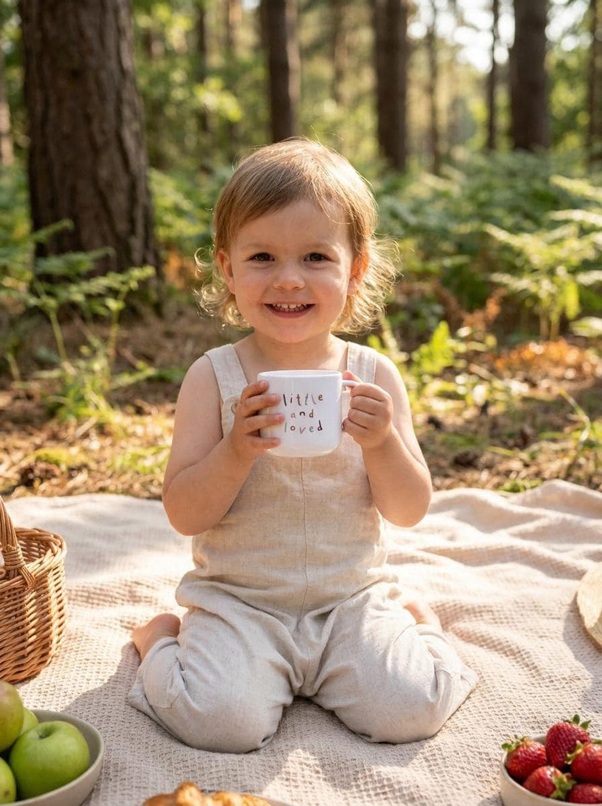 A toddler wearing a beige romper sits on a picnic blanket outdoors in a forest, holding a small white mug.