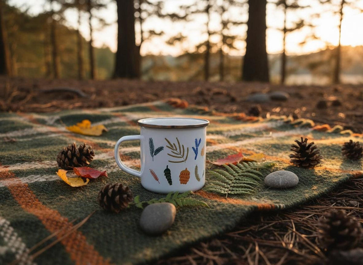 The botanical enamel mug rests on a plaid blanket outdoors among pine cones, leaves, and stones.