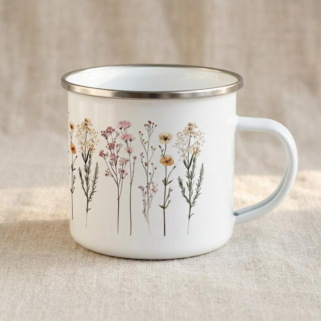 A white enamel camping mug with a silver rim and a botanical wildflower illustration stands on a textured neutral fabric surface.